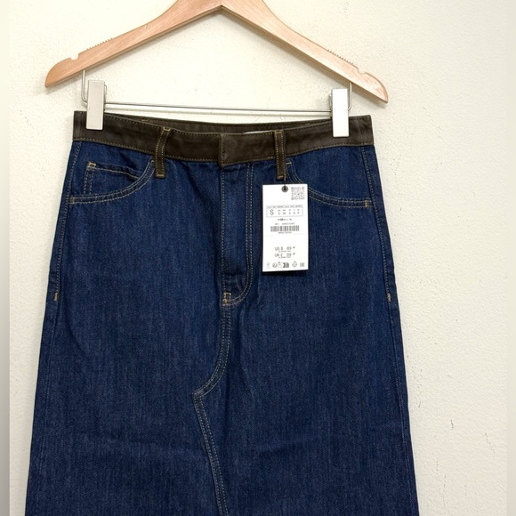 NWT Zara Dark Wash Denim Midi Skirt with Suede-Trim Waist Size S - Picture 10 of 16